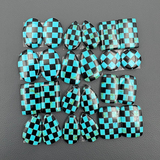 Blue & Black Checker Board- Matching Pairs - Loose Cabs - Wholesale Lot - 12 Pair
